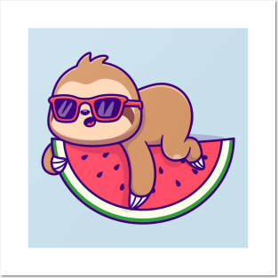 Cute Sloth Laying On Watermelon With Glasses Cartoon Posters and Art